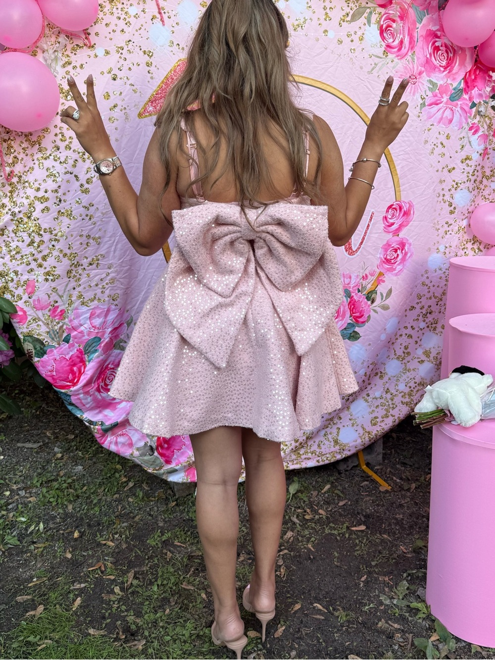 Sequin Pink Mini Dress with Oversized Back Bow